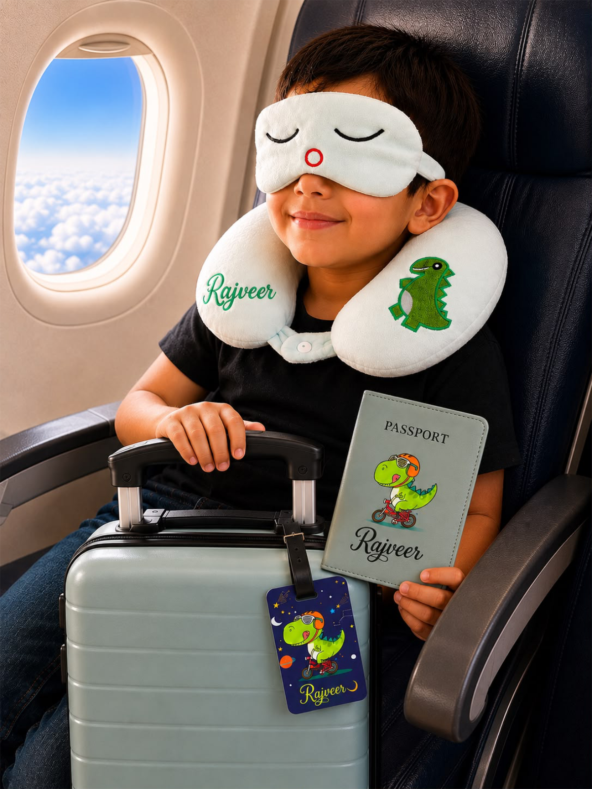 Personalised Memory Foam  Travel Neck Pillow and Eye Mask ,with complementary Bag tag