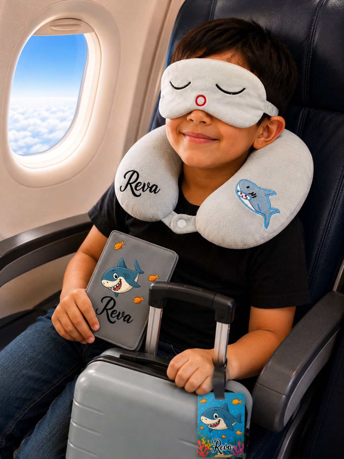 Personalised Memory Foam  Travel Neck Pillow and Eye Mask ,with complementary Bag tag